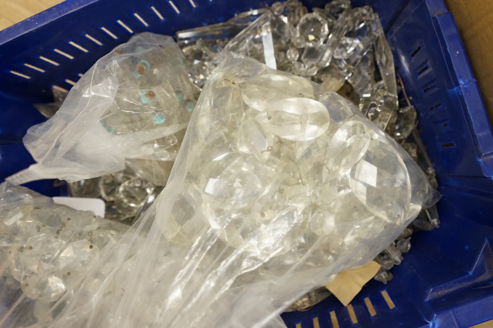 A collection of lustre drops, and a Holophane pressed glass ceiling shade, latter 30cm
